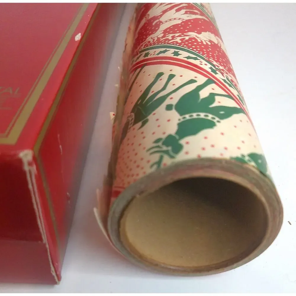 Vintage Cleo Christmas Wrapping Paper Roll 125 Sq Ft Red Green Reindeer 1980s